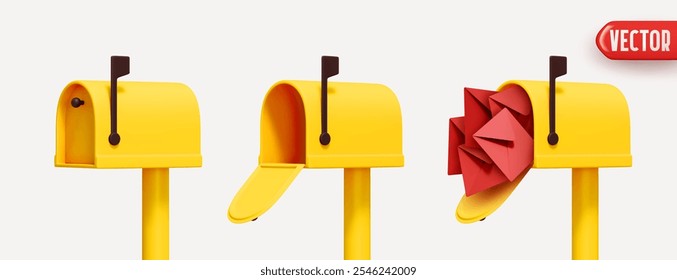 Set of three yellow mailboxes realistic 3d design, open box, closed and with mail paper envelope isolated on white background. vector illustration