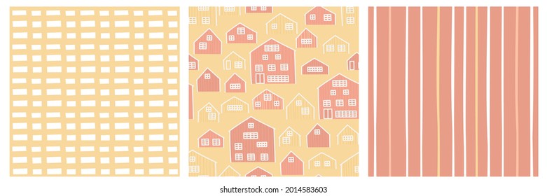 Conjunto de tres patrones blancos rojos amarillos sin soldadura. Casas, líneas y ventanas de madera vectorial dibujadas a mano en Europa