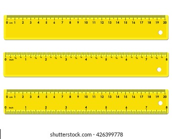Set of three yellow rulers, marked in centimeters, inches and combined, rectangular shape. Graduation of inches ruler of 1/16