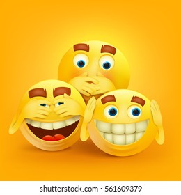 Set of three yellow smiley faces concept card. Vector illustration