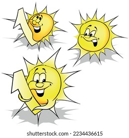 Set of Three Yellow Smiling Suns - Colored Cartoon Illustration Isolated on White Background, Vector