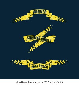 Set of three yellow sport race ribbons with grunge texture and sample text isolated on dark background for car racing designs