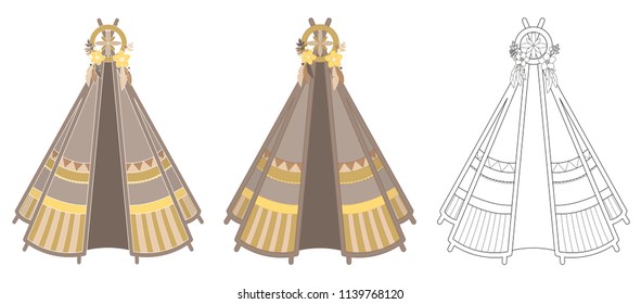 Set of three yellow-brown teepee illustrations with various outlines isolated on white background