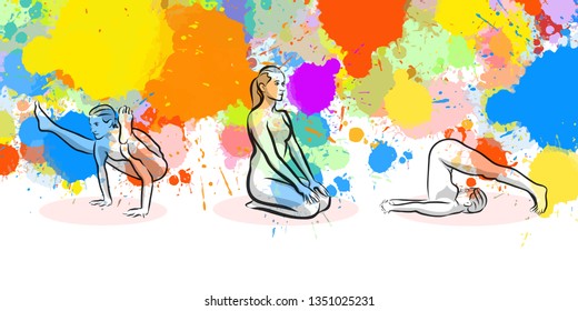 Set of three yoga exercises. Hand-drawn vector illustration, creative backdrops series.