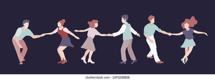 Set of three Young couple dancing swing, rock or lindy hop. Retro in flat style hand drawn. Disc cover, social network, dance competition, illustration of dance courses.Clip art people dancing isolated