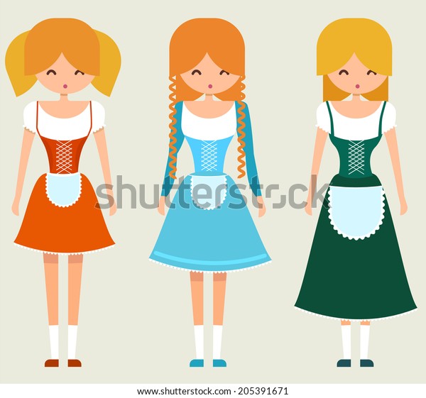 Set Three Young Girls Traditional German Stock Vektorgrafik