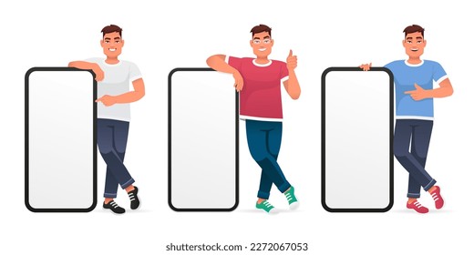 Set of three young handsome caucasian men pointing at the screen of a large smartphone. Advertising of a mobile application or services, promotion of an application or website. Vector illustration