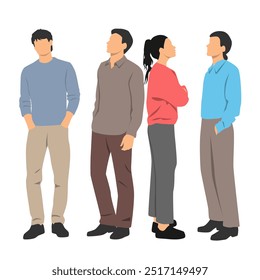  Set of three young men and woman, profile, different colors, cartoon character, group of silhouettes of standing business people, students, design concept of flat icon, isolated on white background