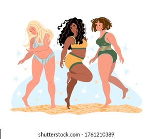 Set of three young plus size women in swimsuits dancing on the beach. Happy people drawing in flat style. International Women's Day. Vector illustration 