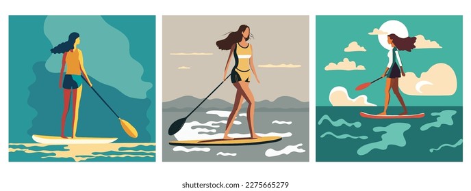 Set of three Young woman standing on sup board isolated. Flat vector