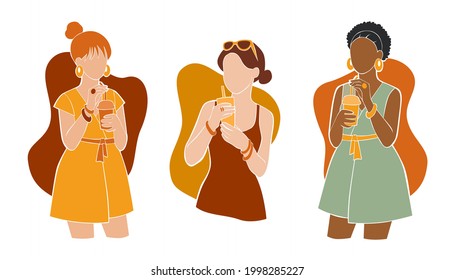 Set of three young women characters of different races in paper cut style. Female in summer outfit with beverage in hands. Abstract flat vector illustrations for blog, social media, poster, or advert.