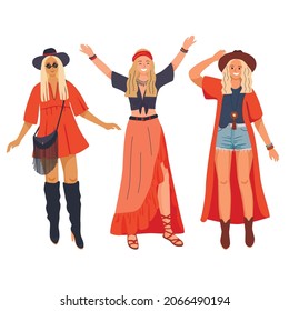 Set of three young women characters in summer outfits. Boho-chic style fashion set for young women. Trendy outfits. Vector illustration