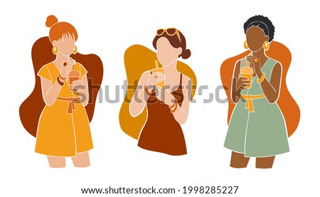 Set of three young women characters of different races in paper cut style. Female in summer outfit with beverage in hands. Abstract flat vector illustrations for blog, social media, poster, or advert.