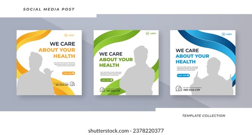 Set of three your health is our priority social media, Medical social media post and square banner template