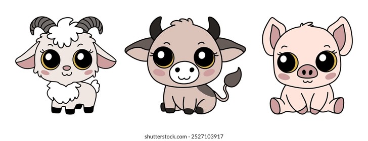 Conjunto de tres animales del zodiaco. Iconos chinos de los signos del Año Nuevo - cabra, buey, cerdo. Asiático kawaii lindo estilo aislado ilustración de mascotas. Ilustración vectorial dibujada a mano aislada sobre fondo blanco.