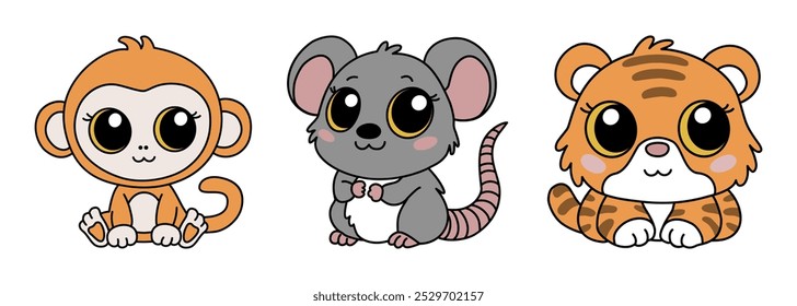 Set of three zodiac animals. Chinese New Year signs icons - monkey, rat, tiger. Asian kawaii cute style isolated illustration of mascots. Handdrawn vector illustration isolated on white background.
