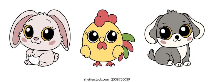 Conjunto de três animais do zodíaco. Símbolos de Ano Novo Chinês ícones - coelho, galo, cão. Kawaii asiático estilo bonito ilustração isolada de mascotes. Ilustração de vetor desenhada à mão isolada em fundo branco.