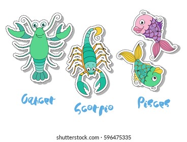 Set of three zodiac signs - cancer, scorpio, pisces. Symbol of water. Cute illustration of funny animals on white background