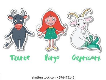 Set of three zodiac signs - taurus, virgo, capricorn. Symbol of earth. Cute illustration of funny animals on white background