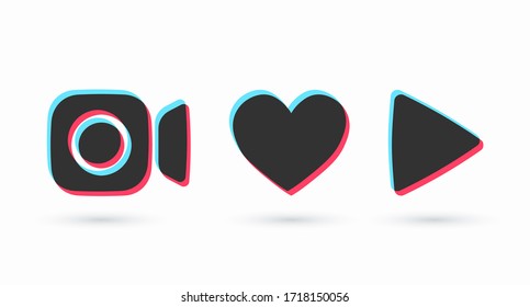 Set of three-color camera icons, play and heart buttons. The concept of social media. User interface. Vector illustration