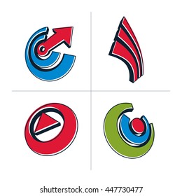 Set of three-dimensional abstract icons, play sign, special arrow. 3d vector push button, multimedia arrow symbol isolated on white background. Collection of graphic elements.