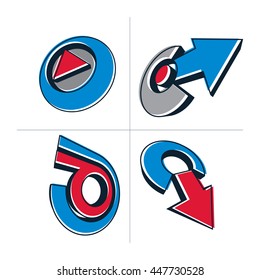 Set of three-dimensional abstract icons, play sign, special arrows. 3d vector push button, multimedia arrow symbol isolated on white background. Collection of graphic elements.