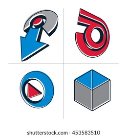 Set of three-dimensional abstract icons, play sign, special arrow. 3d vector push button, multimedia arrow symbol isolated on white background. Collection of graphic elements.