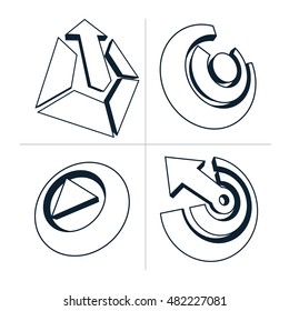 Set of three-dimensional abstract icons, play sign, special arrows. 3d vector push button, multimedia arrow symbol isolated on white background. Collection of graphic elements.