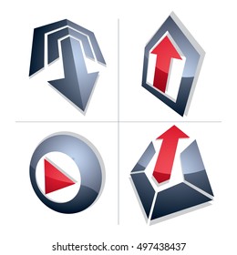 Set of three-dimensional abstract icons, play sign, special arrow. 3d vector push button, multimedia arrow symbol isolated on white background. Collection of graphic elements.