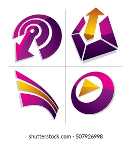 Set of three-dimensional abstract icons, play sign, special arrow. 3d vector push button, multimedia arrow symbol isolated on white background. Collection of graphic elements.