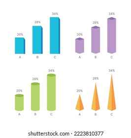 Set of three-dimensional bar graph templates as editorial design source for corporate business presentations, reports, flyers, brochures.