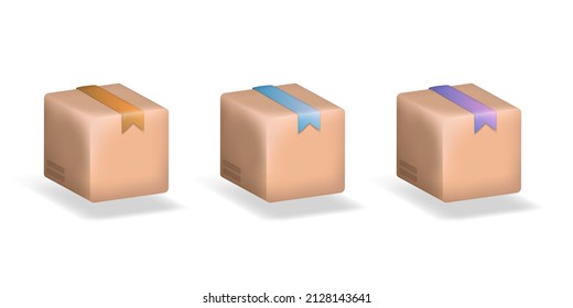 Set aus dreidimensionalem Cartoon, verschlossenen Kartons mit bunten Bändern mit Schatten einzeln auf weißem Hintergrund. Brauner Karton oder Geschenkbox in Perspektive. Vektor EPS10