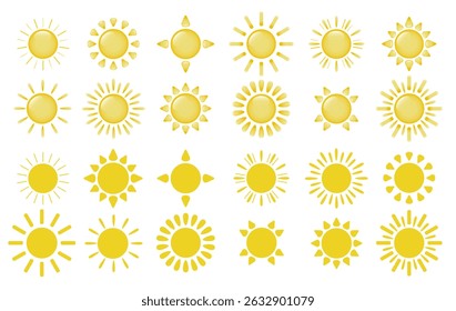 A set of three-dimensional and flat sun icons on a white background. A collection of cartoon suns. Logo, sun sticker. The concept of summer and weather. Vector EPS 10.