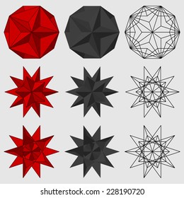 Set of three-dimensional geometric figures. Great dodecahedron. Great stellated dodecahedron. Vector illustration