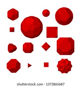 A set of three-dimensional geometric shapes in red on a white background. Isolated background
