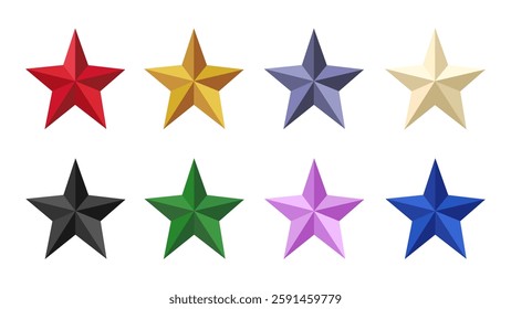 Set of three-dimensional stars, each of which has a different shade of colour. Vector icons with brightly coloured stars on an isolated background