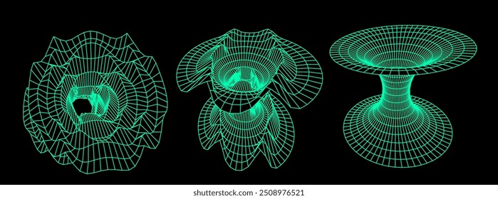 A set of three-dimensional tunnel wireframes representing the warp of time and space.