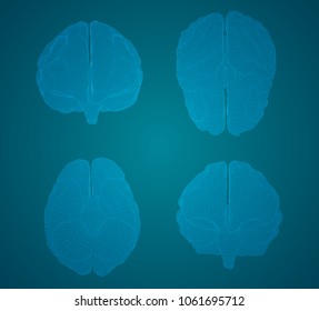 set three-dimensional vector cyber brain. neural network mega-data processing, template interface design on blue background.