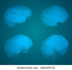 set three-dimensional vector cyber brain. neural network mega-data processing, template interface design on blue background.
