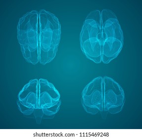 set three-dimensional vector cyber brain. neural network mega-data processing, template interface design on blue background.