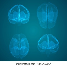 set three-dimensional vector cyber brain. neural network mega-data processing, template interface design on blue background.
