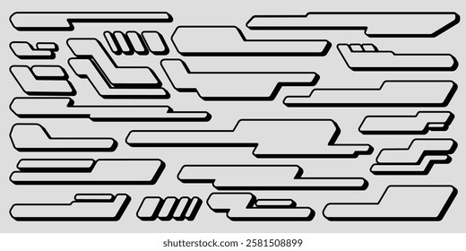 Set of three-dimensional Y2K geometric shapes with bold black outlines on a light background. Futuristic and dynamic cyber techno design for posters, banners, stickers, ads, t-shirts, logos. Sci-fi.
