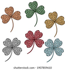 Set of three-leaf and four-leaf Clover with leopard animal print for St. Patrick's Day, color vector isolated illustration on a white background in flat style, icon, logo, design, decoration, sticker,