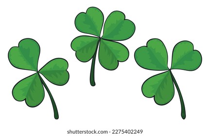 Set of three-leaf and four-leaf clovers. Shamrocks in cartoon style and outlines.