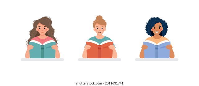 Set of threen women reading book at a desk. Learning and literacy day concept. Cute vector illustration in flat cartoon style