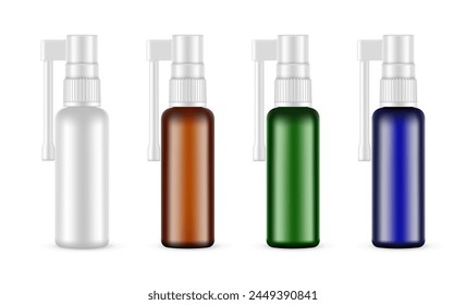 Set Of Throat Spray Bottles, Front View, Isolated On White Background. Vector Illustration