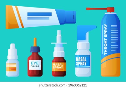 Set of throat sprays, eye drops and runny nose. Human health. Vector illustration.