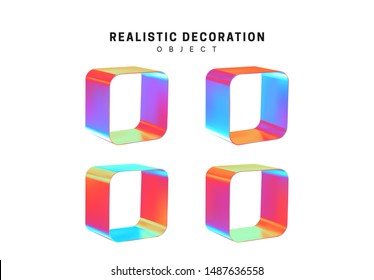 Set through and hollow cubes. Square Realistic geometric shapes with holographic color gradient. Hologram decorative design elements isolated white background. 3d objects shaped blue color. vector