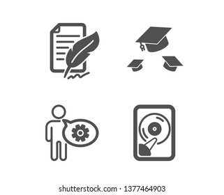 Set of Throw hats, Feather signature and Cogwheel icons. Hdd sign. College graduation, Feedback, Engineering tool. Memory disk.  Classic design throw hats icon. Flat design. Vector