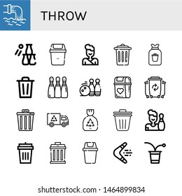 Set of throw icons such as Waste, Bottle throw, Bin, Judo, Trash, Rubbish, Bowling, Bowling pins, Garbage, Trash bin, Garbage bin, Boomerang, Beer pong , throw